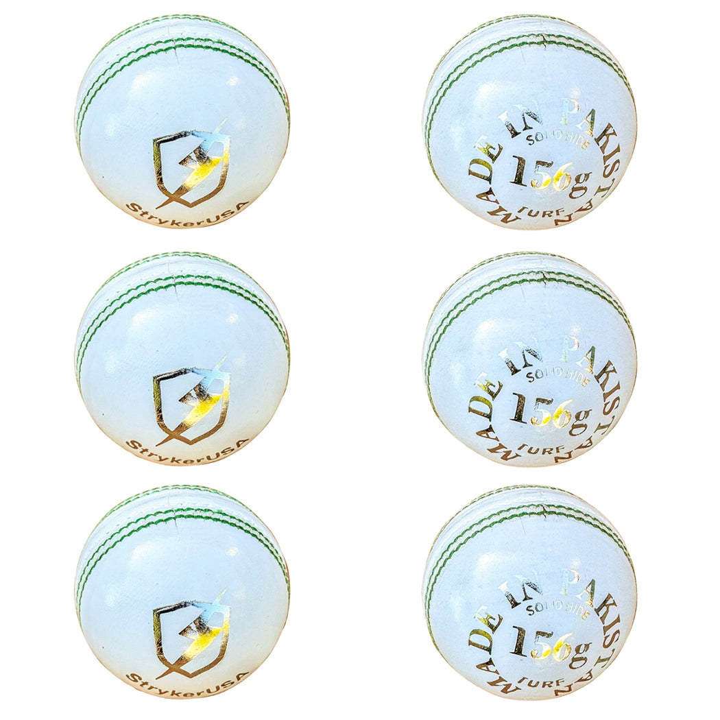 6pcs StrykerUSA Premium Quality Leather Cricket Ball White Color Green Seam 156g