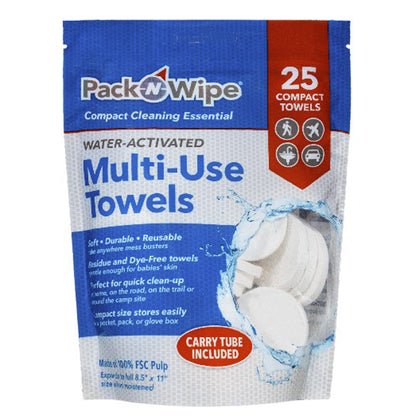 Pack-N-Wipe Bag of 25 Compact Towels Multi Use Towels with Carry Tube
